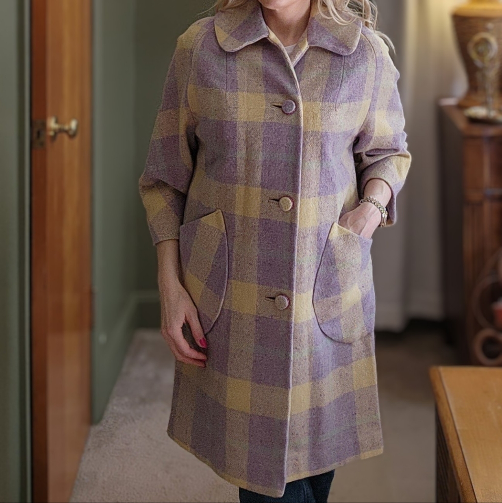 1950s/60s Coat Made With Purple & Yellow Strong Hewat Fabric, Size Small/Medium